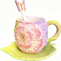 Floral Butterfly Ceramic Cup and Saucer Set - Cute Hand-Painted Sakura Flower Mug with Leaf Saucer and Spoon, Unique Tableware for Coffee/Tea Lovers