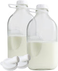 The Dairy Shoppe Heavy Glass Milk Bottles - Jugs with Lids and Silicone Pour Spouts - Clear Milk Containers for Fridge - Reusable Glass Milk Jug Dispenser - Made in USA (64 oz, 2 Pack)