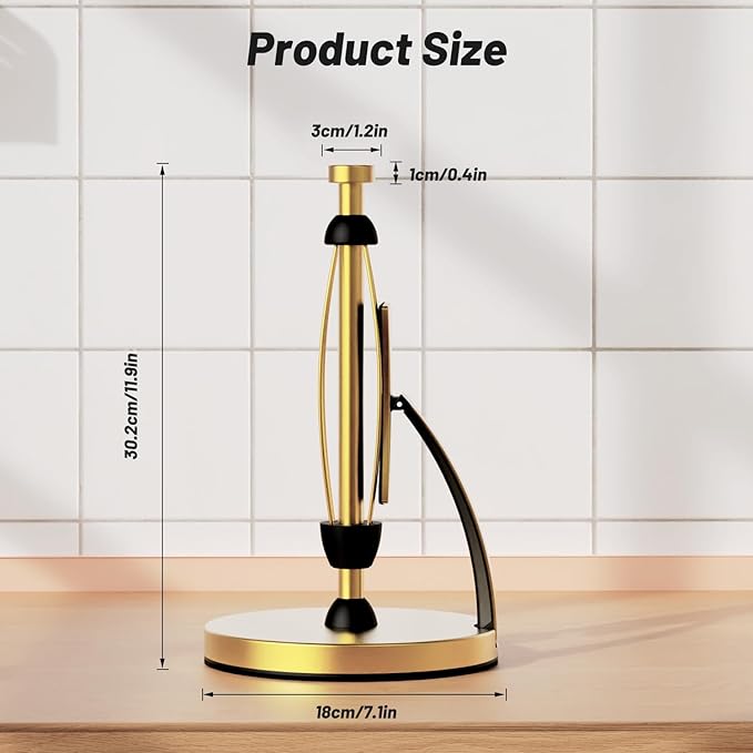 VEHHE Gold Paper Towel Holder Countertop, One-Handed Tear, Stainless Steel, Stand Paper Towel Holder with Spring Activated Arm & Non Slip Weighted Base, for Kitchen Bathroom