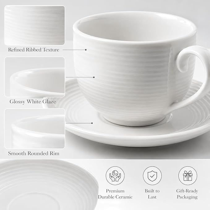 4pcs White Coffee Cups with Saucers, 12oz Ceramic Cappuccino Cups, Microwave & Dishwasher Safe, for Home, Cafe