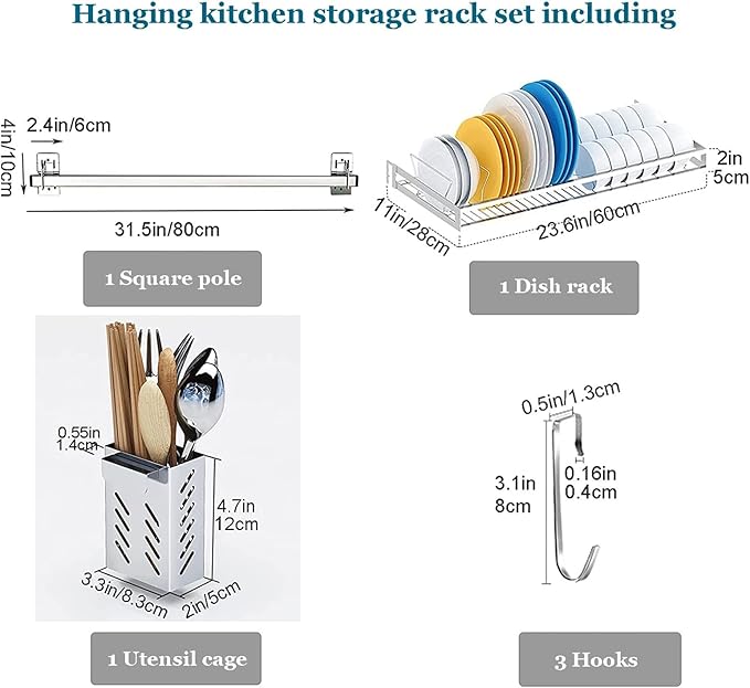 Stainless Steel Wall Mounted Dish Drying Rack, Dish Shelf Kitchen Storage Organizer, Chopsticks Cage Knife Holder, Space Saving, 31.4 inches