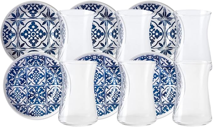 KARACA Mavili Turkish Tea Cups Set - 12 Piece Turkish Tea Glasses and Stoneware Saucers - Authentic Glass Drinking Sets for 6 People - Ideal Adult Teacup Set (170 ml)