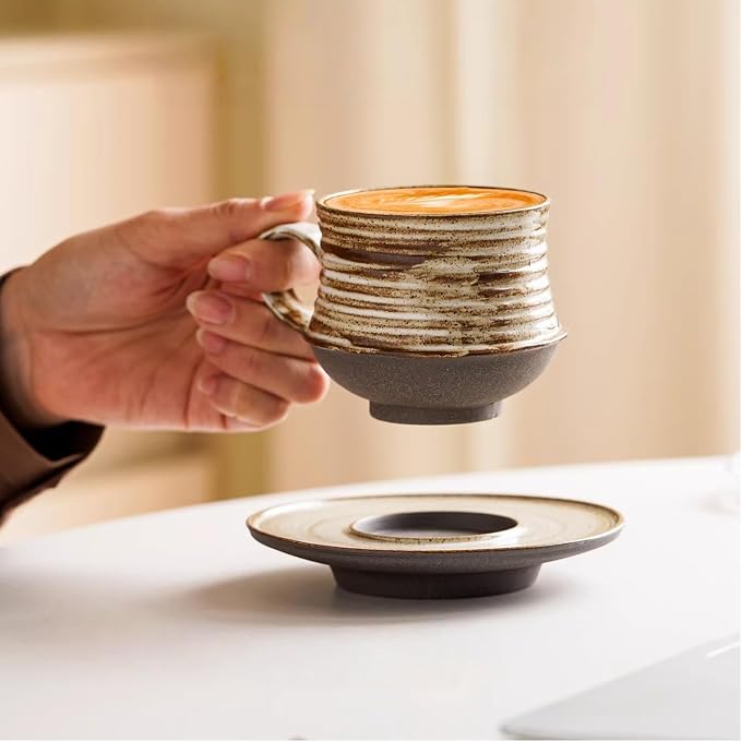 210ml Ceramic Mug Saucer Set Home Wabi Sabi | retro, artisan, original design, minimalist, durable, latte, afternoon tea
