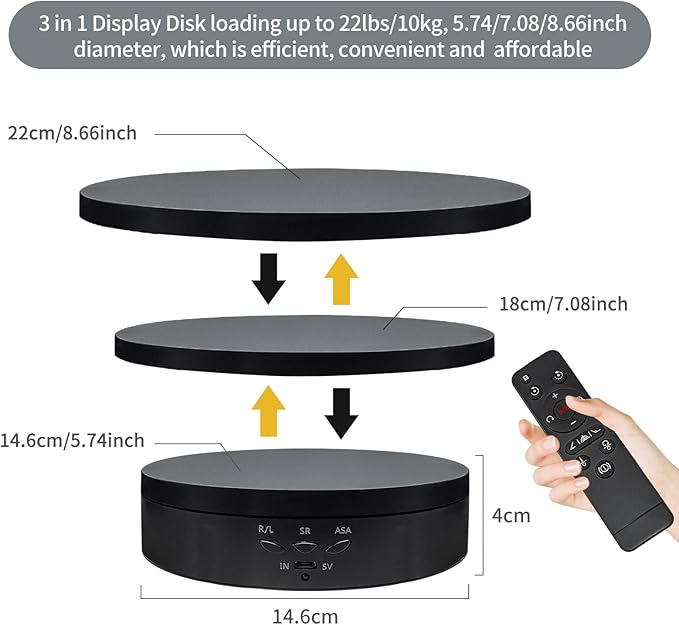 Remote Motorized Rotating Display Stand Turntable Motorized Lazy Susan with 5.74/7.08/8.66 inch Replacement Cover for Photography Products and Shows (Black)