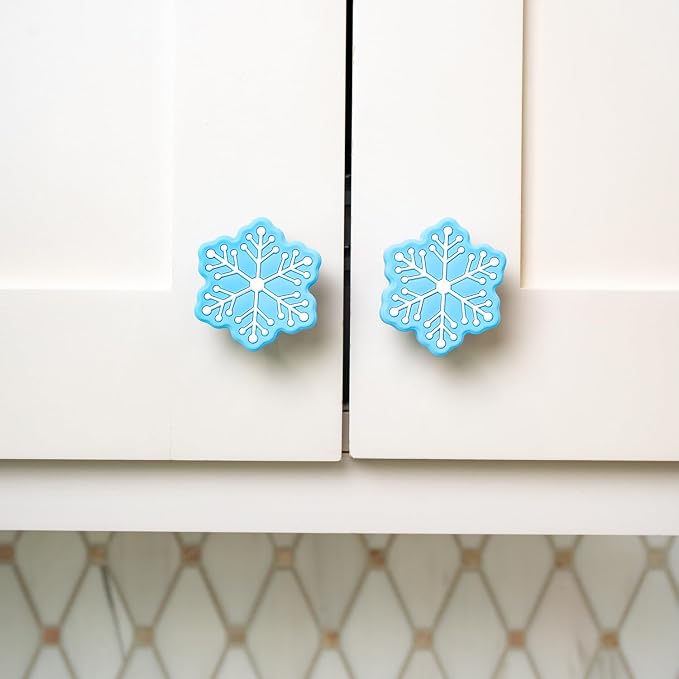Knobēz: Decorative Knob Covers - Snowflake - 12pk, Blue - Stretch Over Hardware Decorations, Holiday-Winter-Christmas, Kitchen-Bathroom-Dressers-Home