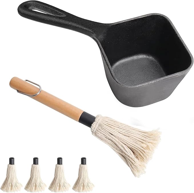 SafBbcue Cast Iron BBQ Sauce Pot and Mop Brush Set,Barbecue Cooking Accessories Heat Preservation Heavy Basting Pot & Mop with 4Pcs Heads for Big Green Egg Grill Grilling
