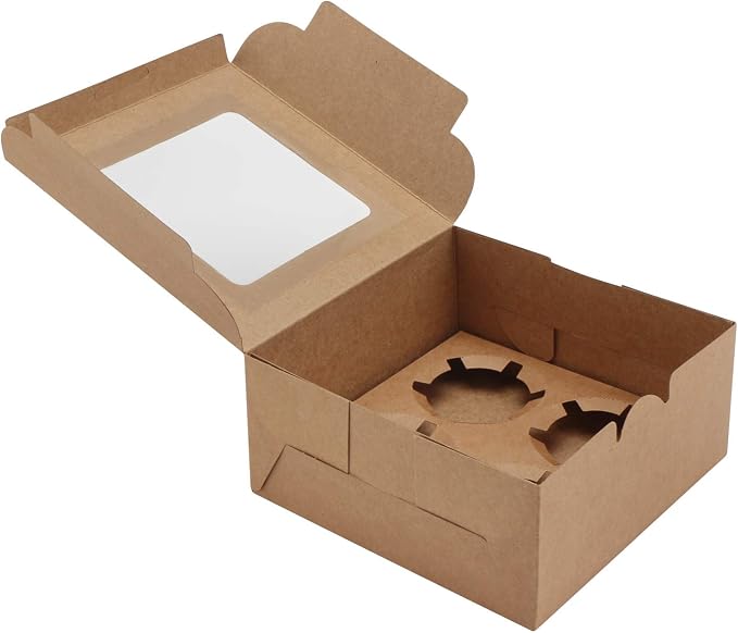 EUSOAR Muffins Boxes 4 Count, 50pcs Muffin Containers Cupcake Boxes with Insert and Display Window, Natural Color Kraft Cupcake Carrier Fits 4 Cupcakes or Muffins (6.4" x 6.3")