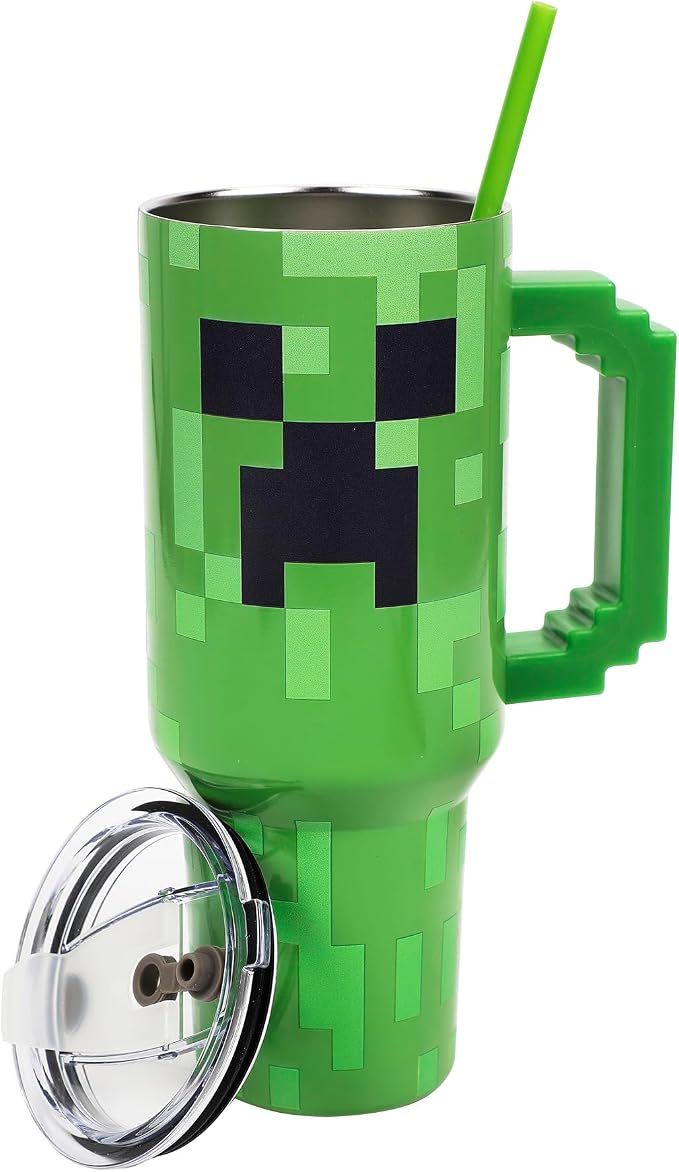 Bioworld Minecraft Creeper Ultimate 40 Oz. Stainless Steel Tumbler With Pixelated Handle