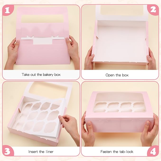 Moretoes 12 Count Cupcake Boxes, 7PCS Auto-Popup Cupcake Container with Window Boxes, Pastry Box for Birthday Holiday Party Bakery Supplies (Pink)
