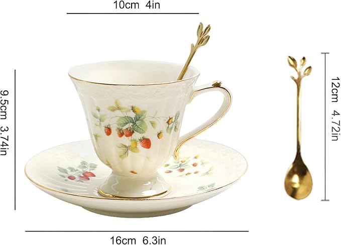 Porcelain Tea Cup and Saucer Set, 8.5 oz/250 ml Ceramic Coffee Mug with Saucer and Spoon, Vintage Coffee Cup with Gold Trim for Mom Women Mother's Day, Retro Strawberry Pattern