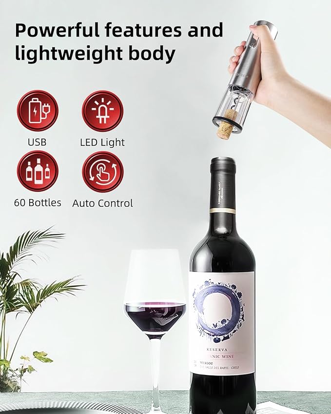 TOMEEM Electric Wine Opener Set - Rechargeable Wine Bottle Opener with Vacuum Stoppers,Wine Pourer, Foil Cutter,and Storage Stand - Ideal Wine Accessories & Wine Gift Set for Wine Lovers