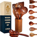 Wooden Utensil Set 9 PCS Hand-Crafted, Heat-Resistant, Non-Scratch & Easy-to-Clean Natural Teak Wooden Kitchen Tools with Spatula, Slotted Spatula, Spoons, Ladle, Pasta Server, Salad Fork, Holder Set