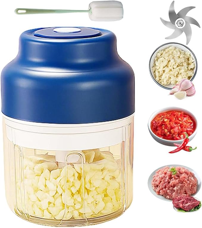 Household Electric Garlic Crusher 250ML/320ML, Silent USB Rechargeable Mini Food Processor, One-Touch Operation for Chopping Garlic, Onion, Chili & Vegetables, Portable Kitchen Helper (Blue, 320ML)