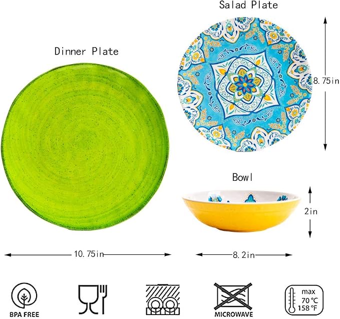Melamine Dinnerware Set 12 Pcs Durable Dishware Colorful Plate Bowl Set Dishwasher Safe Shatter Proof Chip Resistant Not Microware Not Oven (Multicolor)