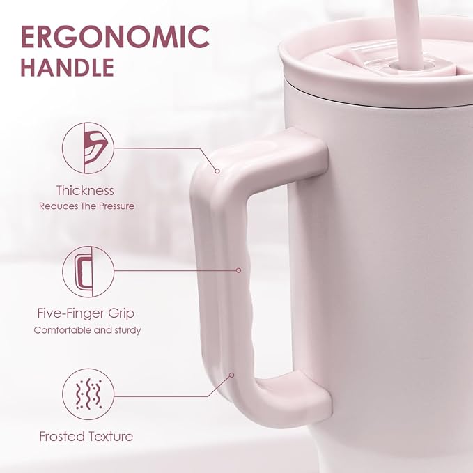 SANDJEST Pale Pink 40oz Tumbler with Handle and Straw, Insulated Stainless Steel Travel Coffee Mug for Women Girls, Gift Idea for Birthday Christmas Mothers Day