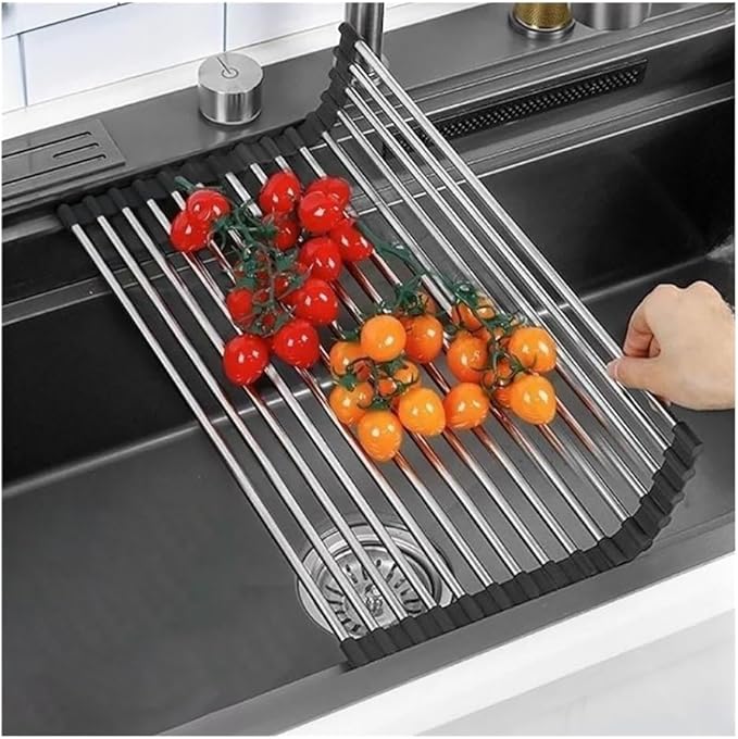Roll Up Dish Drying Rack, Multipurpose Workstation Sink Roll-Up Dish Drying Rack, 14.6-18.5" Foldable Stainless Steel Over The Sink Kitchen Counter Dish Drainer(Black,47x35cm/18.5x13.8in)