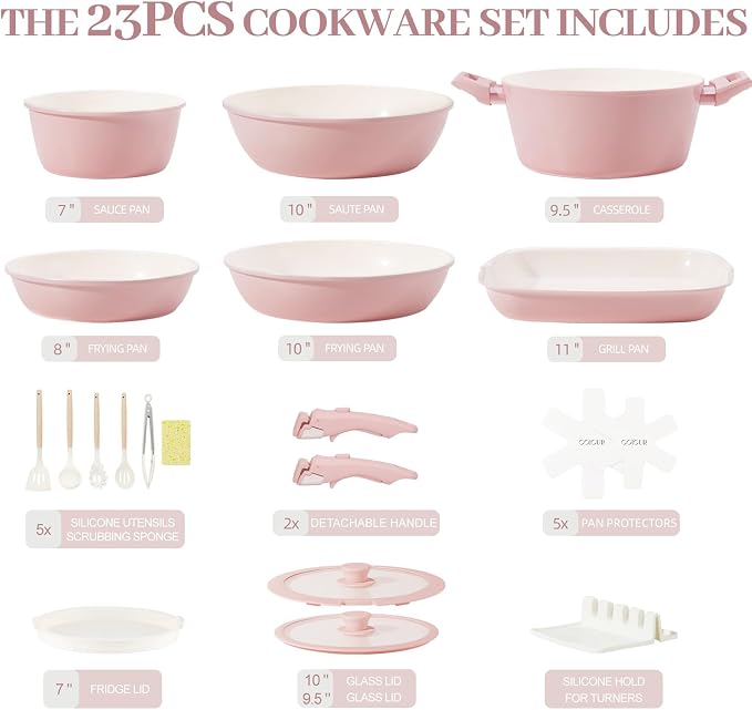 Ceramic Cookware Set Non Stick 23Pcs Pots and Pans Set Non Toxic with Detachable Handle Induction Kitchen Cookware Set Space Saving, Oven & Dishwasher Safe, Pink