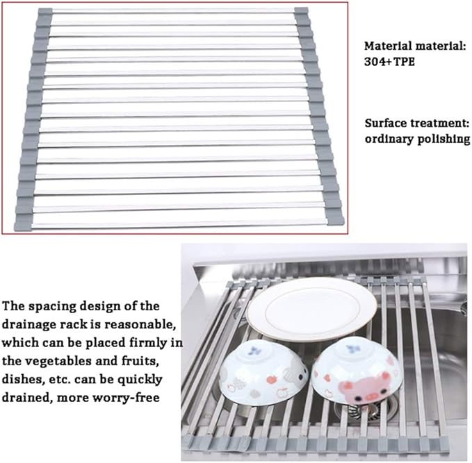 Roll Up Dish Drying Rack Over The Sink Foldable Dish Drainer Silicone Covered Stainless Steel Rod Ends Multipurpose Kitchen Utensils Easy to Store(Size:50x33cm)(Tobes - 18,60x33cm)