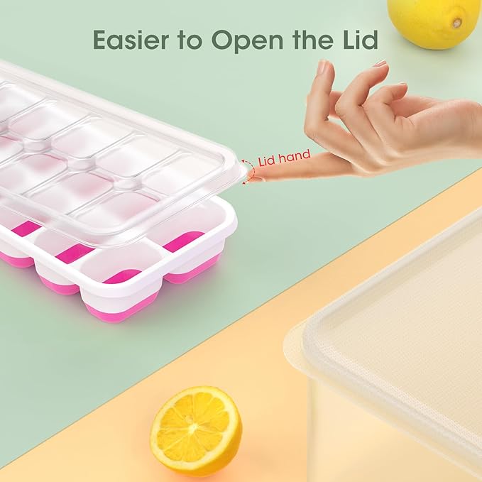 DOQAUS Ice Cube Tray with Lid and Bin - 4 Pack Silicone Ice Cube Trays for Freezer, Stackable Ice Bucket Kits with Storage Container & Scoop for Kitchen, RV, Cocktail, Coffee