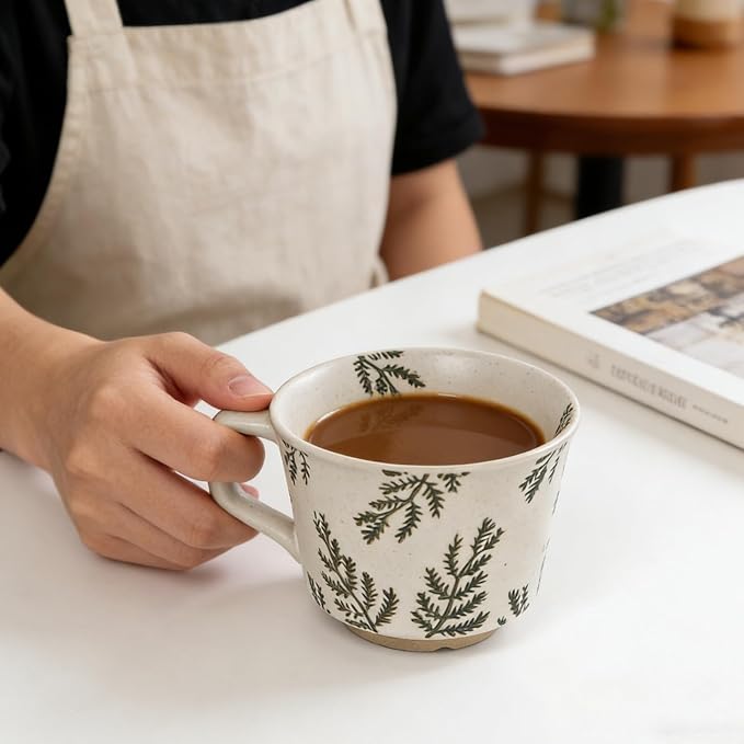Vintage Ceramic Mug Set - 12 oz Unique Ceramic Coffee Mugs & Tea Cups with Hand-Drawn Patterns, Dishwasher & Microwave Safe, Ideal Gift