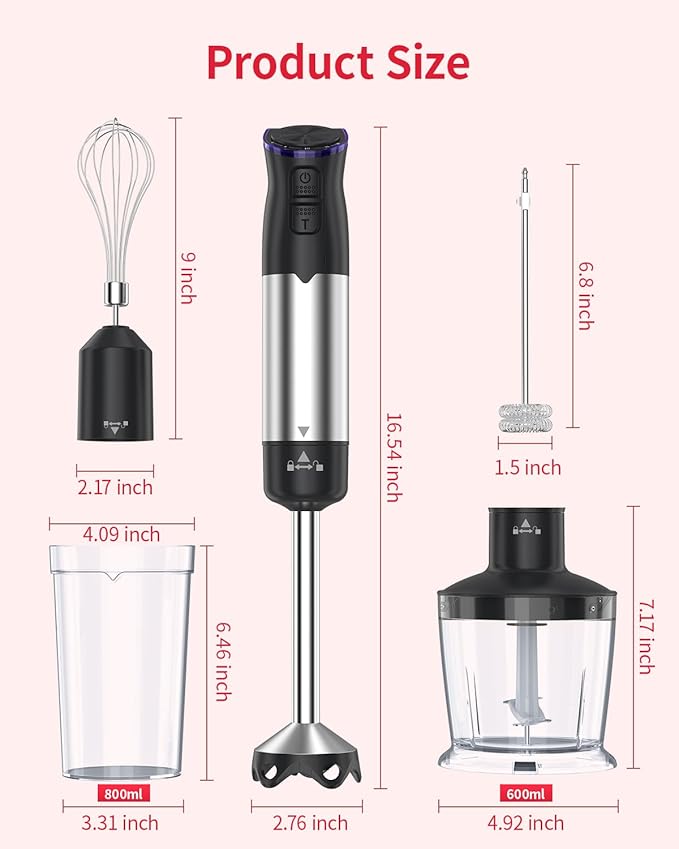 Electric Immersion Blender Handheld 1200W, 5-in-1 Hand Blender Mixer for Kitchen with 20-Speed & Turbo Boost, 800ml Beaker, 600ml Chopper, Whisk and Milk Frother for Smoothie, Soup, Puree, Baby Food