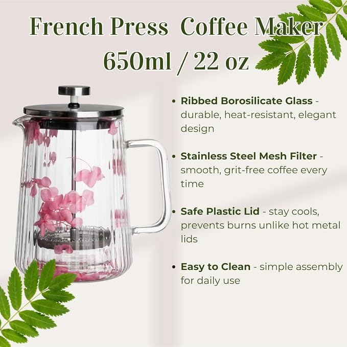 French Press Coffee Maker 22oz – Pink Floral Glass Design – Double-Wall Borosilicate Ribbed Coffee Press with Stainless Steel Filter – Manual Brewer & Tea Press