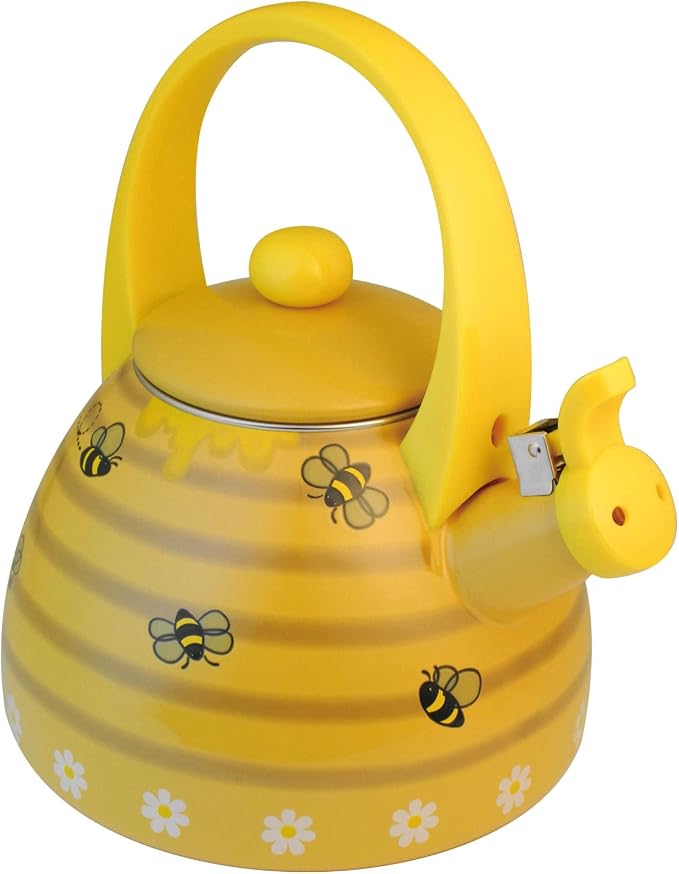 UPware Enamel on Steel Whistling Tea Kettle, Stovetop Teakettle (2.4 Quart, Bee Hive)