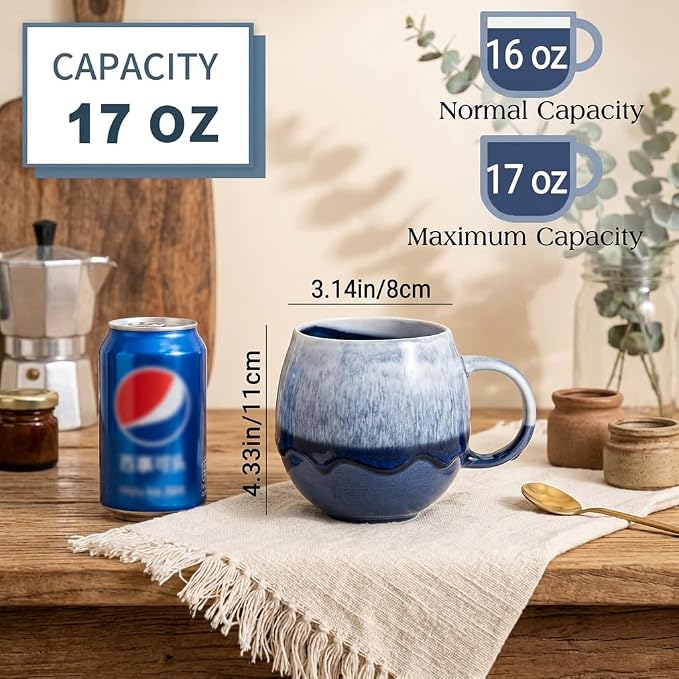 Coffee Mugs Set of 4 | 16 oz Ceramic Coffee Mugs | Lead-Free | Comfortable Handle | Microwave and Dishwasher Safe | Stoneware Latte Cups for Tea & Cappuccino| Unique Father's Day & Holiday Gifts