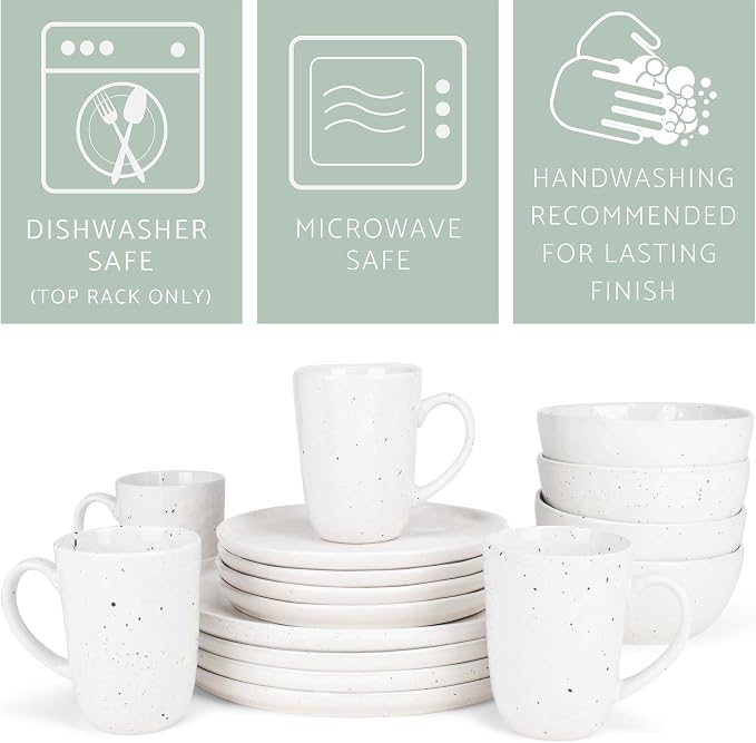 Elanze Designs Shiny Speckled Western Country Style Ceramic Plates Bowls Mugs Dinnerware 16 Piece Set - Service for 4, White