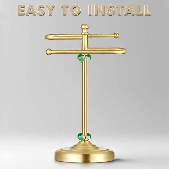 Hand Towel Stand,304 Stainless Steel Hand Towel Holder for Bathroom Kitchen Counter，14.5 Inch S-Shape Weighted Base Standing Hand Towel Rack Bar Holds 2 Towels (Gold)