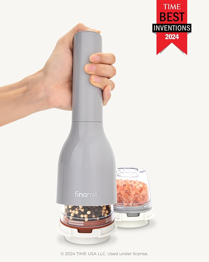 FinaMill Classic Battery Spice Mill – Battery Operated Salt and Pepper Grinder Set, Includes 2 Interchangeable Spice Pods, Adjustable Coarseness, Ceramic Grinder, LED Light, Home and Kitchen Gift Set