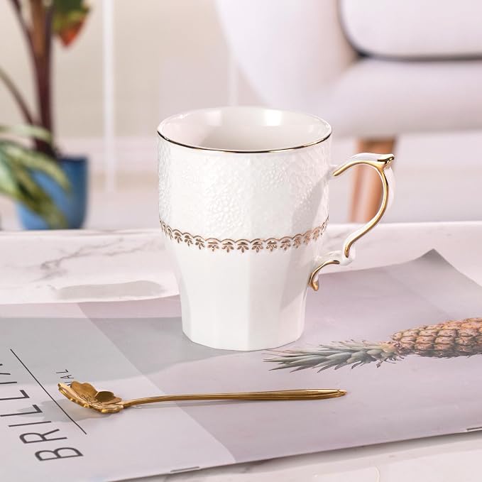 KAMMAK Ceramic Mug Set of 2, 9.8oz Elegant Coffee and Tea Cups, Vintage Breakfast Mugs, Porcelain Cup Ideal for Birthday - Afternoon Tea & Housewarming Gifts (YFH20)