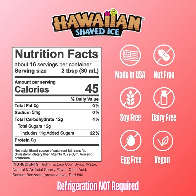 Hawaiian Shaved Ice Sour Cherry Syrup - Nut Soy Dairy Free - Flavor Fluffy & Crunchy Snow Cones - Shelf Stable - Makes 8 Servings - 16 ounces