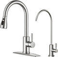 FORIOUS Kitchen Faucet and Water Filter Faucet Combo, Brushed Nickel Stainless Steel Bar Faucet Pull Down Sprayer and Drinking Purifier Faucet Set for Kitchen Sink RV Farmhouse Camper