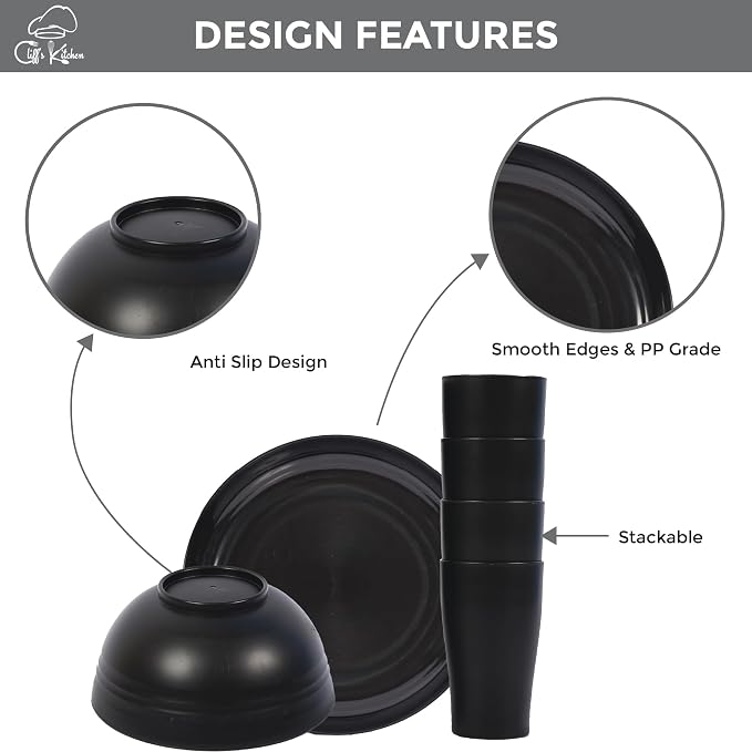 32 Pcs Wheat Straw Dinnerware Sets-Black Dinnerware Sets For 8- Unbreakable Outdoor Camping Dishes With Large Plates, Bowl And Cup Set-BPA Free,Lightweight,Microwave Safe Wheat Straw Plates And Bowls