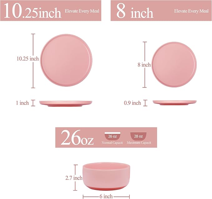 6 Piece Dinnerware Set, Dual Glaze Stoneware Plates and Bowls Sets, Modern Dinner Plate, Salad Plate, Cereal Bowl, Dish Set for 2, Microwave and Dishwasher Safe, Pink