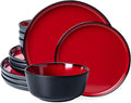 LEHAHA Melamine 12-Piece Modern Dinnerware Set, Kitchen Plates and Bowls Sets, Luxury 2 tone Red and Black Ceramic look Dish Set for 4.Christmas Luxury dinnerware dishes set.