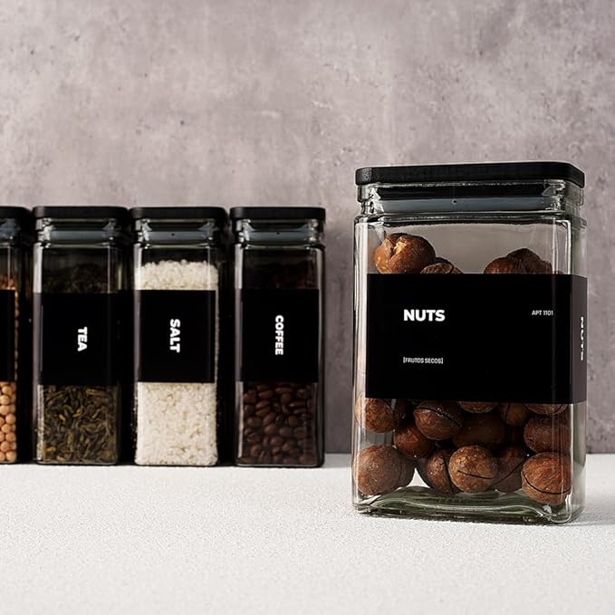 APT 1101 Glass Storage Jars with Bamboo Lid, glass canisters with airtight lids, Clear jars with lids for Spice, Cookie, Candy, Tea, Coffee Bean and Rice (Black, 26 oz, Set of 6)