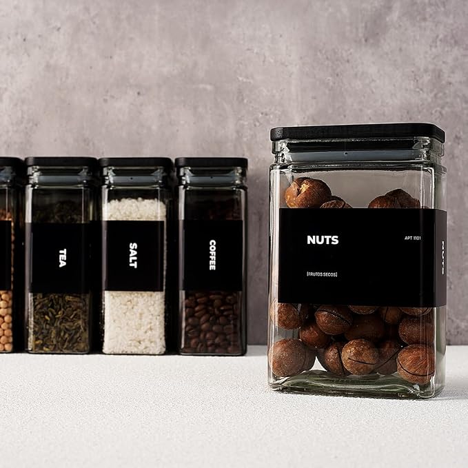APT 1101 Glass Storage Jars with Bamboo Lid, glass canisters with airtight lids, Clear jars with lids for Spice, Cookie, Candy, Tea, Coffee Bean and Rice (Black, 26 oz, Set of 6)