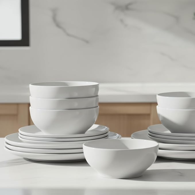 16-Piece Dinnerware Set for 4, White Porcelain Plates and Bowls, Chip Resistant Dishwasher Safe for Family Dining and Daily Use