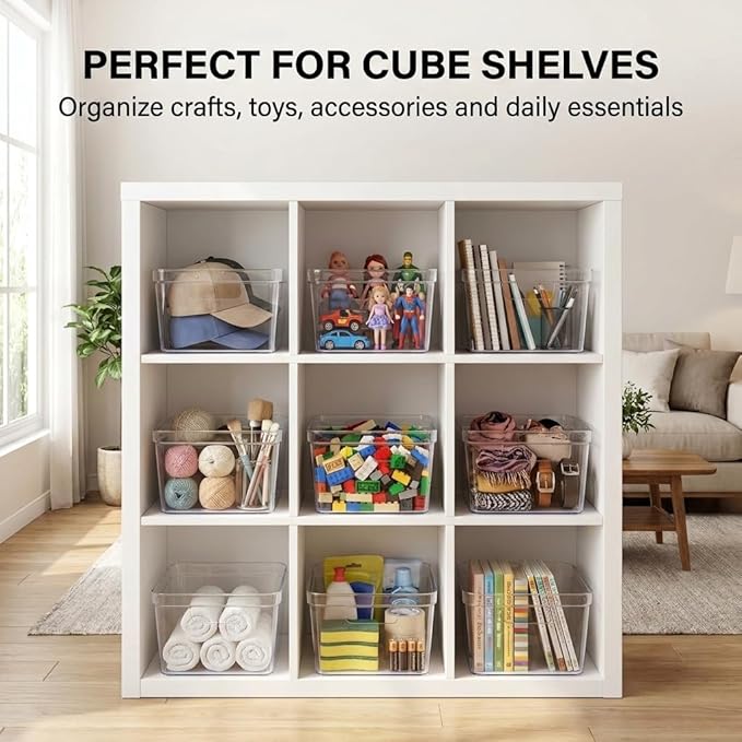 MOONEDGE 4-Pack Clear Cube Storage Bins,10x10 Plastic Organizer Boxes with Handles, Open-Top Square Containers for Closet,Pantry,Fridge,Kitchen,Bathroom,Laundry Room,UnderSink and Cabinet Organization