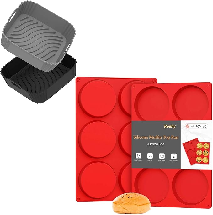 Redfly 2 Pack Silicone Egg Molds with 2 Pack Air Fryer Silicone Liners, 4Inch Jumbo Muffin Pan Sets