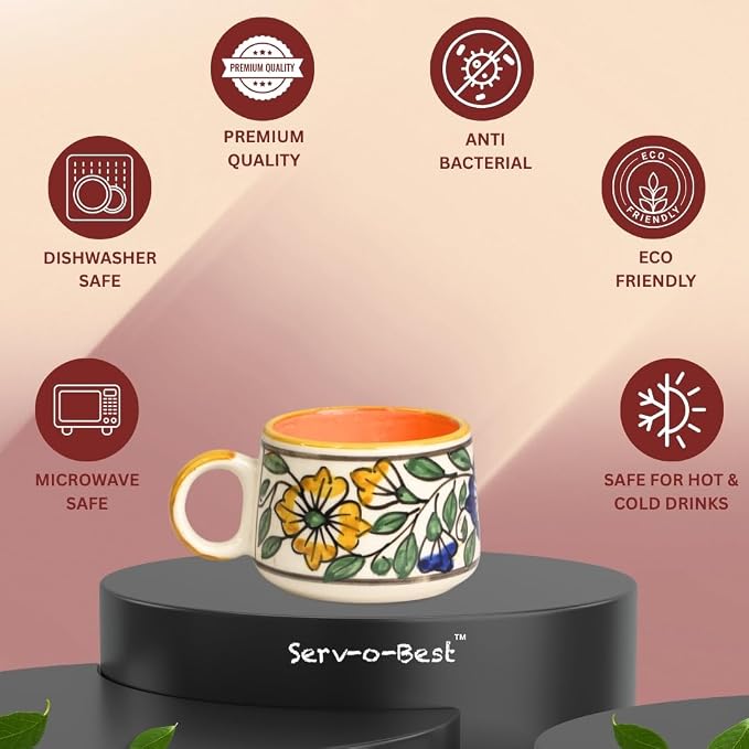 Servo Best Handmade Cermaic Tea Cup Set of 4-5 Oz Small Cups for Espresso, Cappuccino, Tea, Chai – Dishwasher & Microwave Safe – Gift Set for Coffee Lovers, Kitchen, Home, Office - Green Art