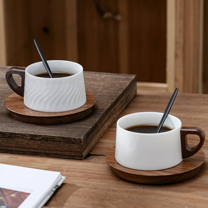 5oz/150ml Cappuccino Cup and Saucer Set, White Porcelain Cup with Walnut Wood Saucer, Espresso Coffee Mug, Couple Cups set of 2 with gift box (SYJ-TCG005)
