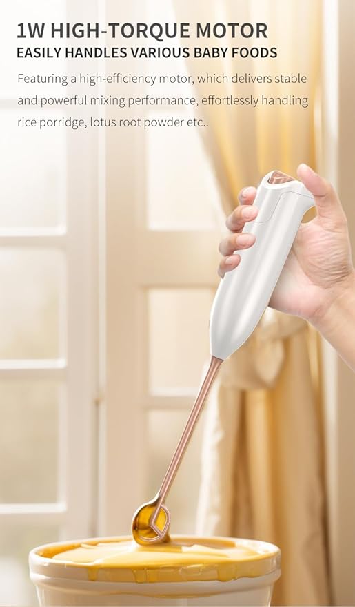 Electric Milk Frother, White, Rose Gold Accents, 1W High-Torque Motor, Handheld Design, Battery Powered, for Coffee Drinks, Baby Food Mixing