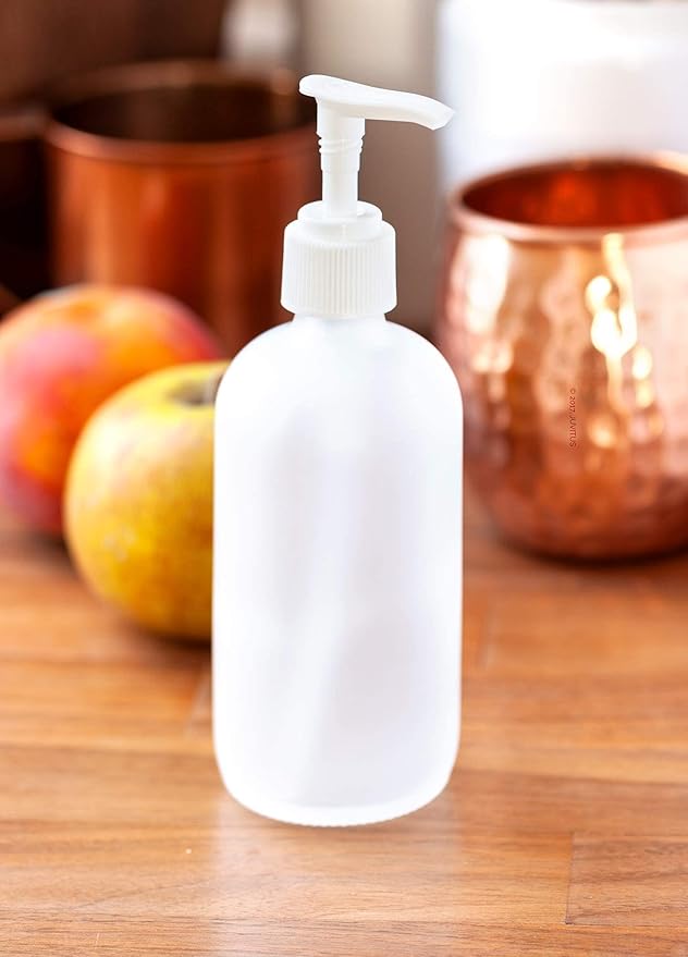 JUVITUS 8 oz Frosted Clear Glass Boston Round Bottle with White Lotion Pump (12 Pack)