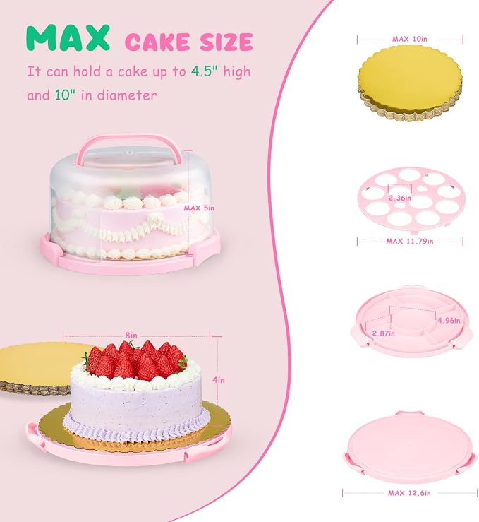 Cake Carrier With Lid And Handle, Bpa-Free Cake Holder With Lid For 10 Inch Round Cake Carrier With 10 pcs Round Golden Cake Boards And Portable Insulated Bag（Pink）