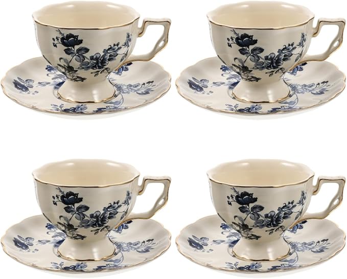CALLARON Ceramic Cup and Saucer Set 8Oz European Style Milk Drinking Mug with Delicate Porcelain Design for Home Restaurant Tea and Juice