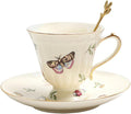 Porcelain Tea Cup and Saucer Set, 8.5 oz/250 ml Ceramic Coffee Mug with Saucer and Spoon, Vintage Coffee Cup with Gold Trim for Mom Women Mother's Day, Butterfly Pattern