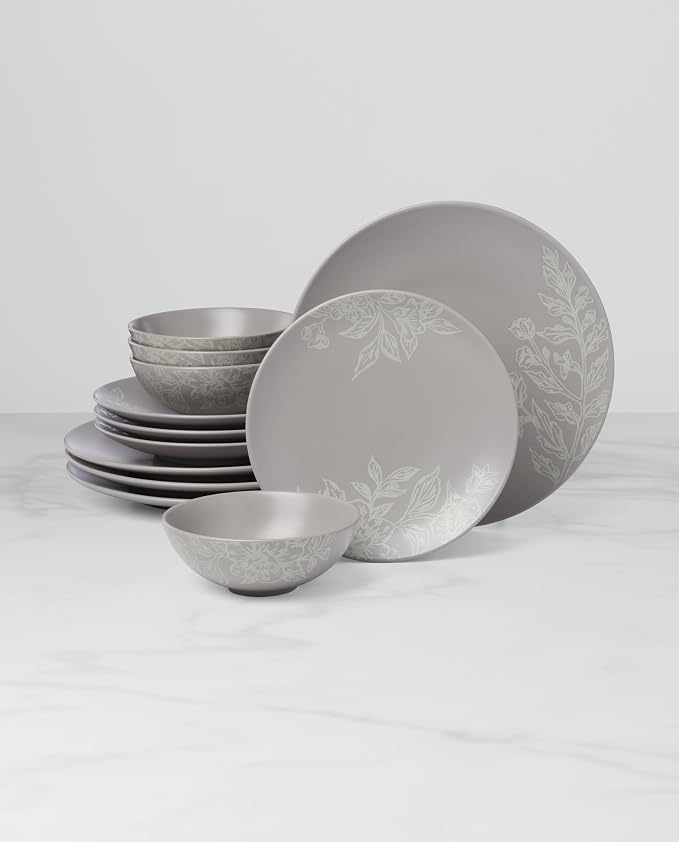 Oneida 897506 Roseto 12-Piece Dinnerware Set, Pumice, Grey